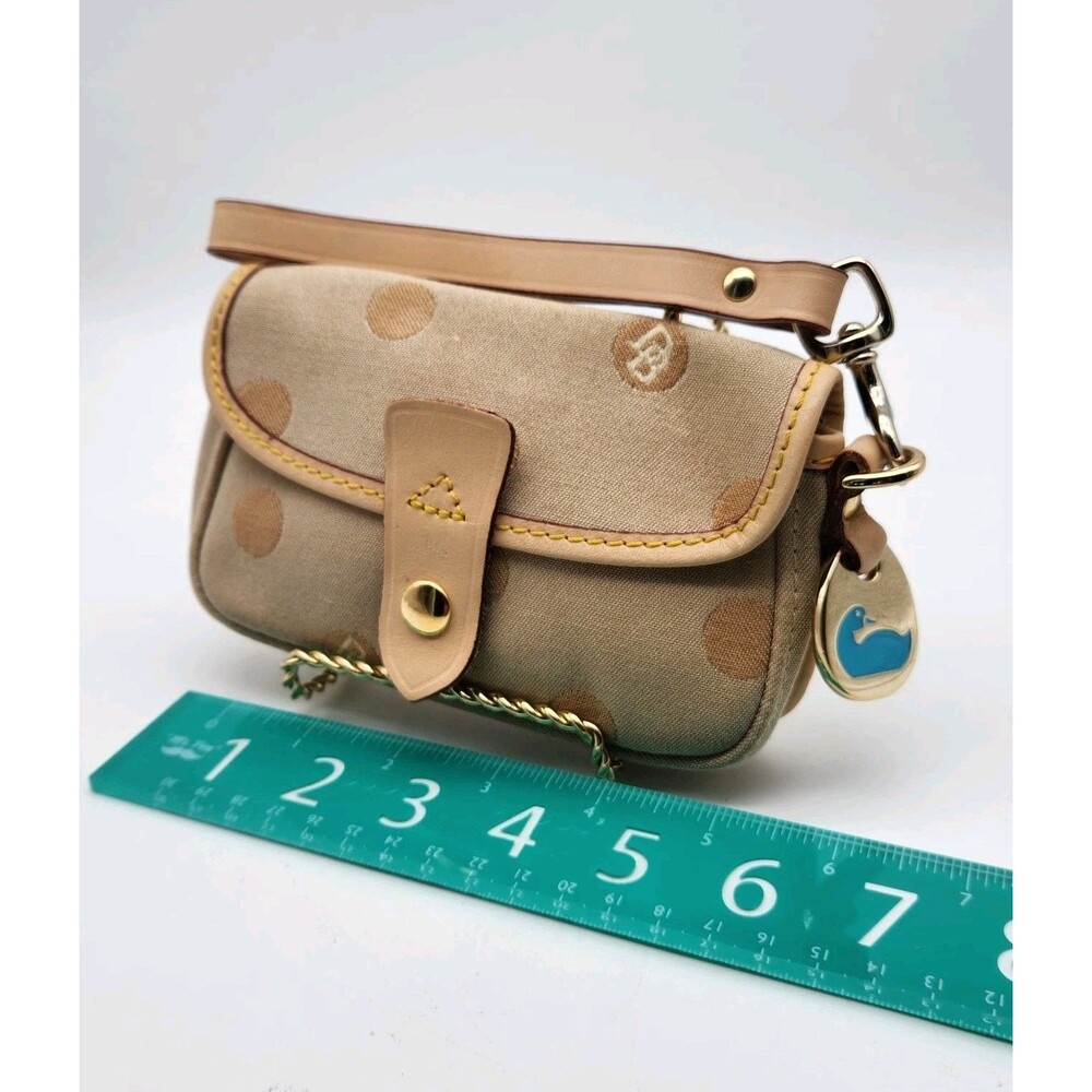 Dooney & Bourke DB Wristlet Clutch Beige Tan Canvas Tan Leather Trim Strap Vntg